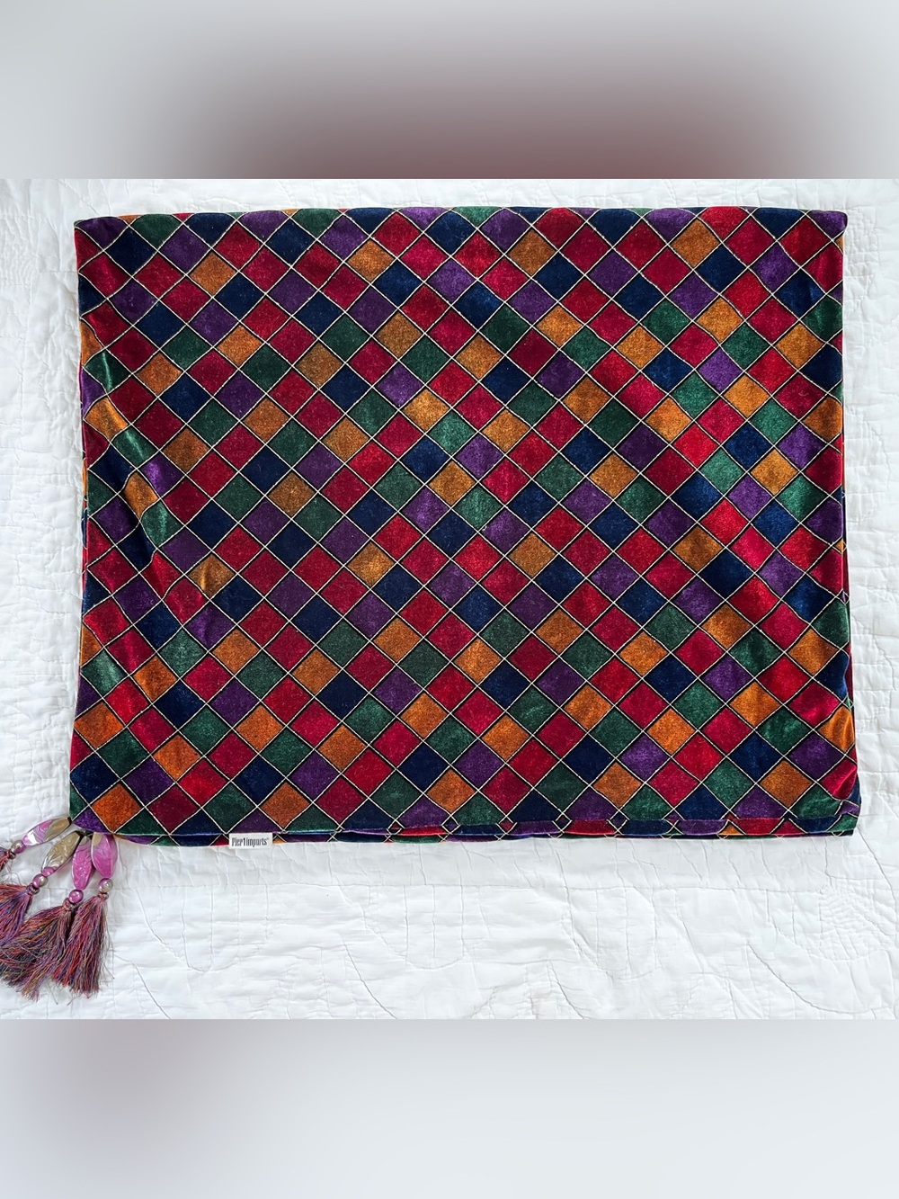 Vtg Pier 1 Velvet Diamond Pattern Jewel Tone Throw Blanket Beaded Tassel 50x60